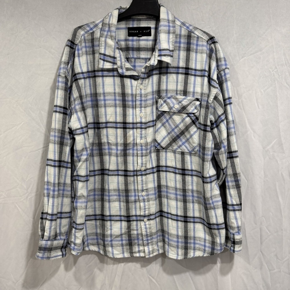 Edgar + Ash Plaid‎ Flannel Shirt Blue Black Size L Relaxed Comfort Long Sleeve